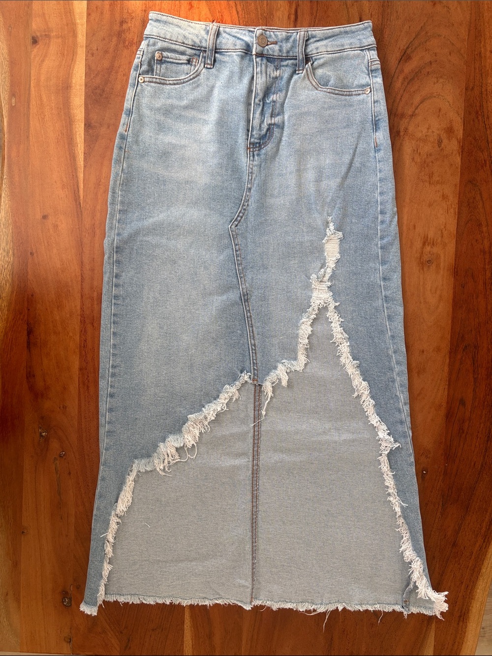 BCBGeneration Light Blue Fray Slit Maxi Denim Skirt